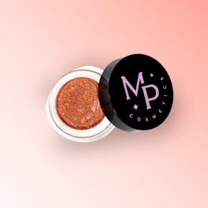 Mineraalne roosakuldne pulberlauvärv toonis "Sügispidu" ümara musta kaanega potsikus.