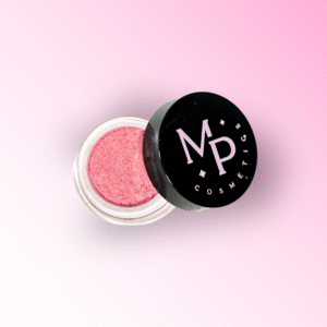 Mineraalne roosa pulberlauvärv toonis "Roosipidu" ümara musta kaanega potsikus.