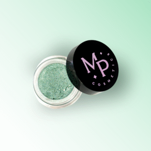 Mineraalne roheline pulberlauvärv toonis "Metsapidu" ümara musta kaanega potsikus.